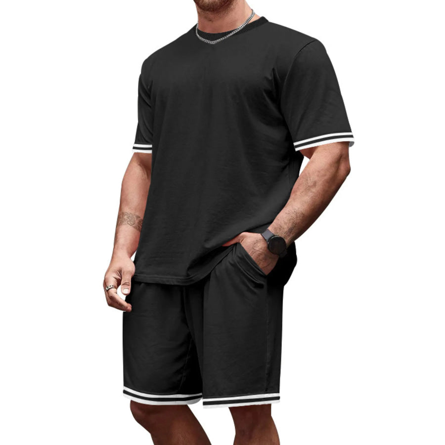 Men’s Full Size Striped Short Sleeve Tee and Shorts Set Plus Size Black / S Apparel and Accessories