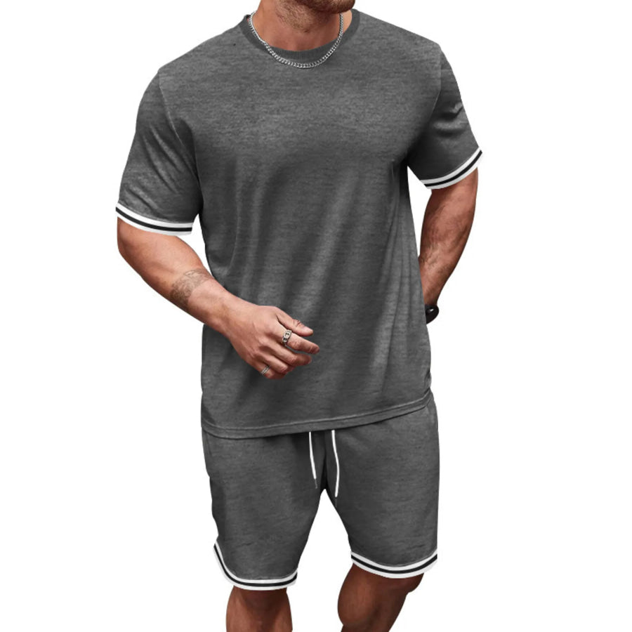 Men’s Full Size Striped Short Sleeve Tee and Shorts Set Plus Size Dark Gray / S Apparel and Accessories