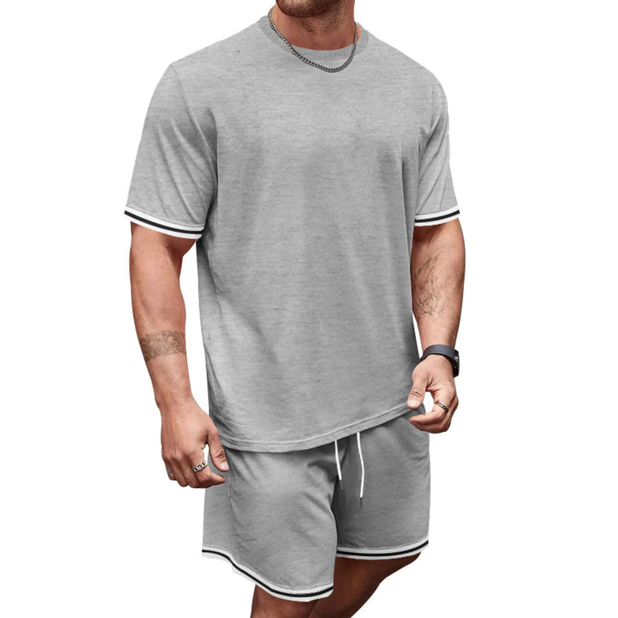 Men’s Full Size Striped Short Sleeve Tee and Shorts Set Plus Size Light Gray / S Apparel and Accessories