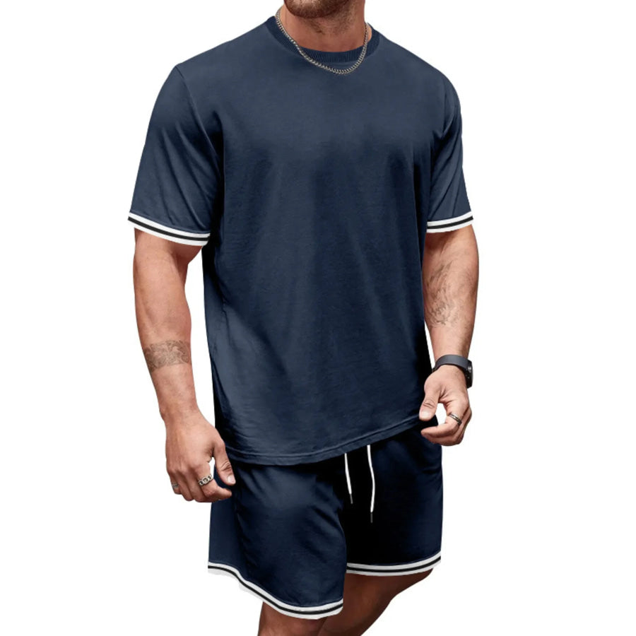 Men’s Full Size Striped Short Sleeve Tee and Shorts Set Plus Size Navy / S Apparel and Accessories