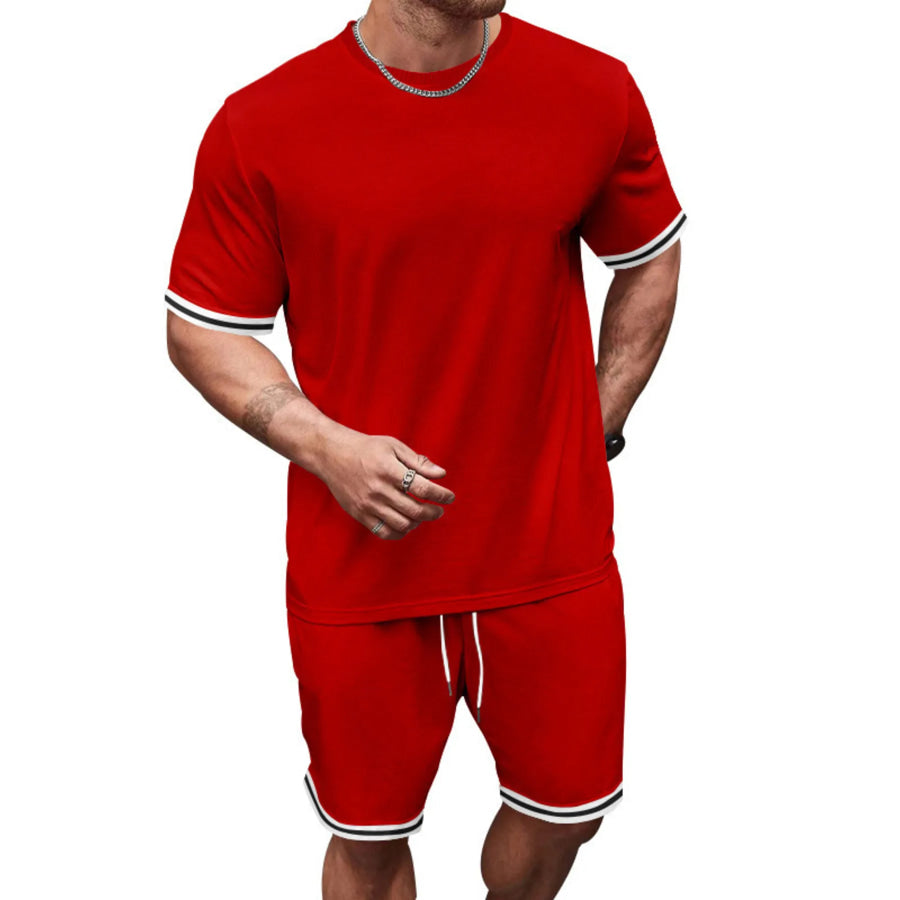 Men’s Full Size Striped Short Sleeve Tee and Shorts Set Plus Size Red / S Apparel and Accessories