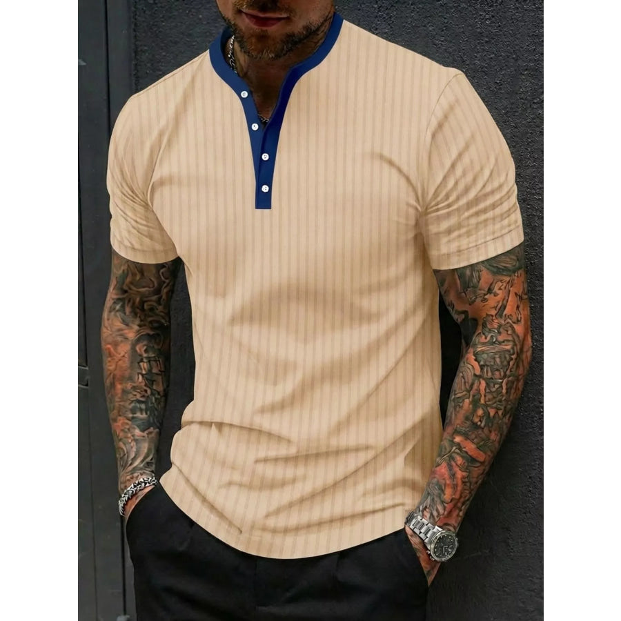 Men’s Full Size Striped Short Sleeve Top Plus Apricot / S Apparel and Accessories