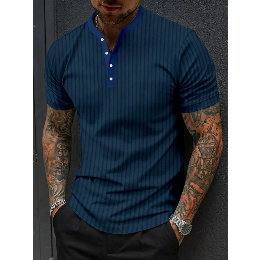 Men’s Full Size Striped Short Sleeve Top Plus Navy Blue / S Apparel and Accessories