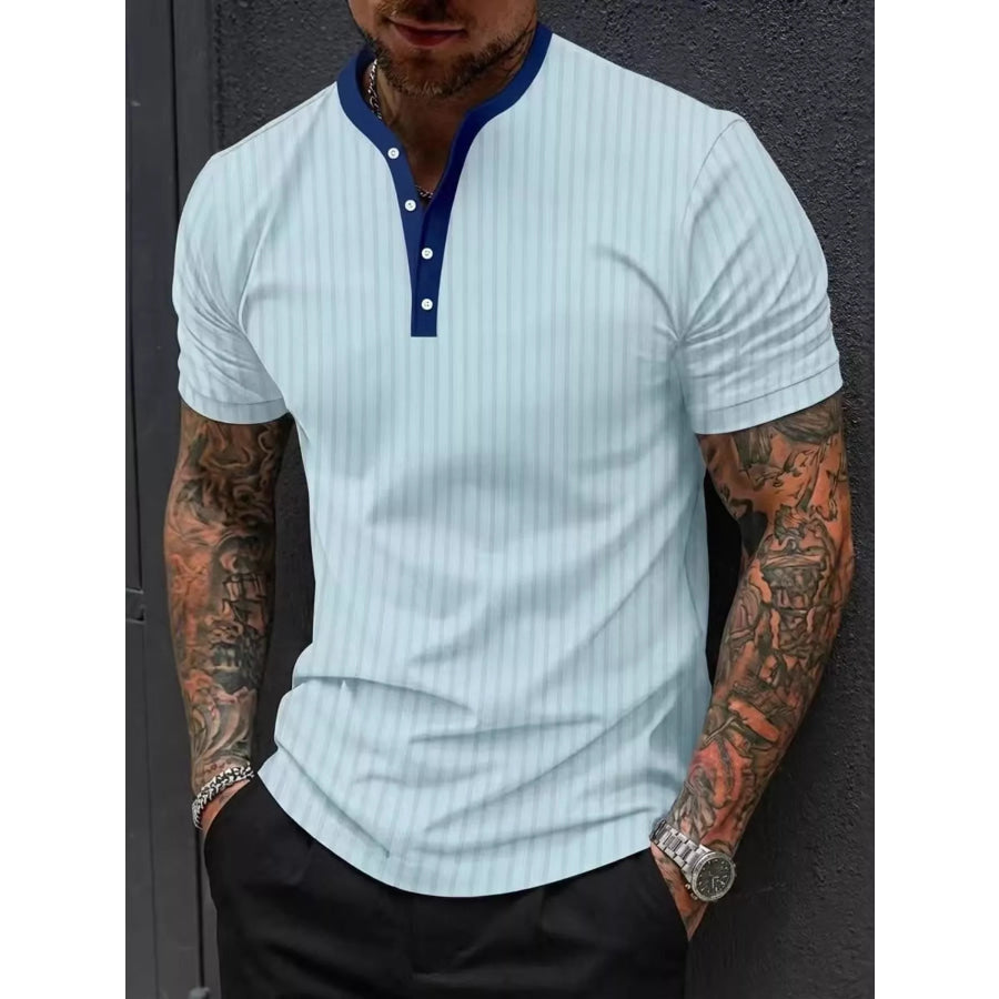 Men’s Full Size Striped Short Sleeve Top Plus Sky Blue / S Apparel and Accessories