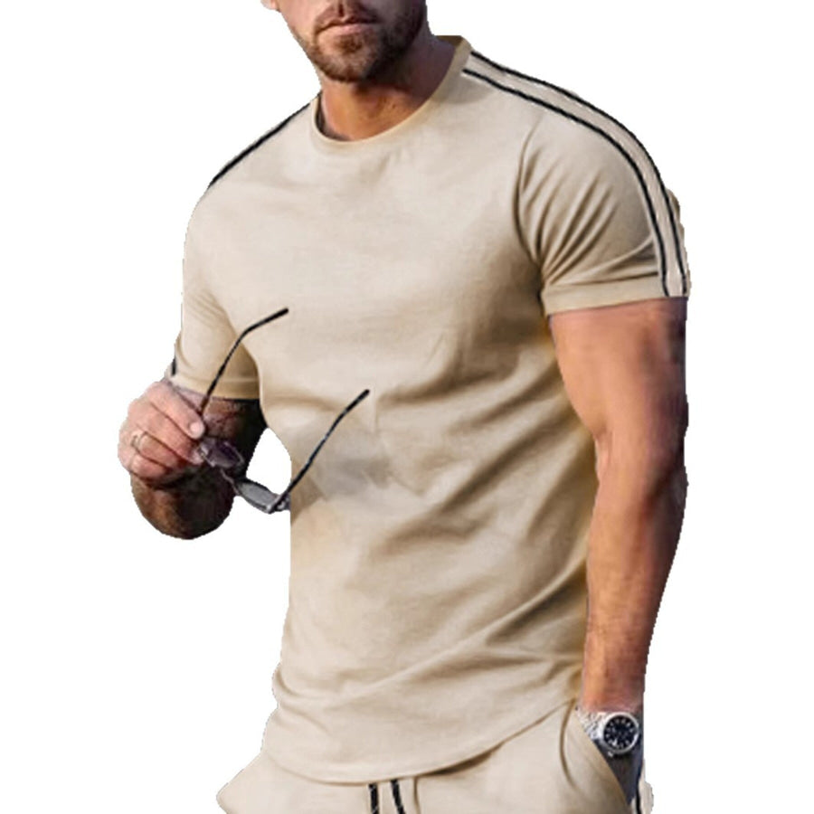 Men’s Full Size Striped Shoulder Casual T-Shirt Plus Size Apricot / S Apparel and Accessories
