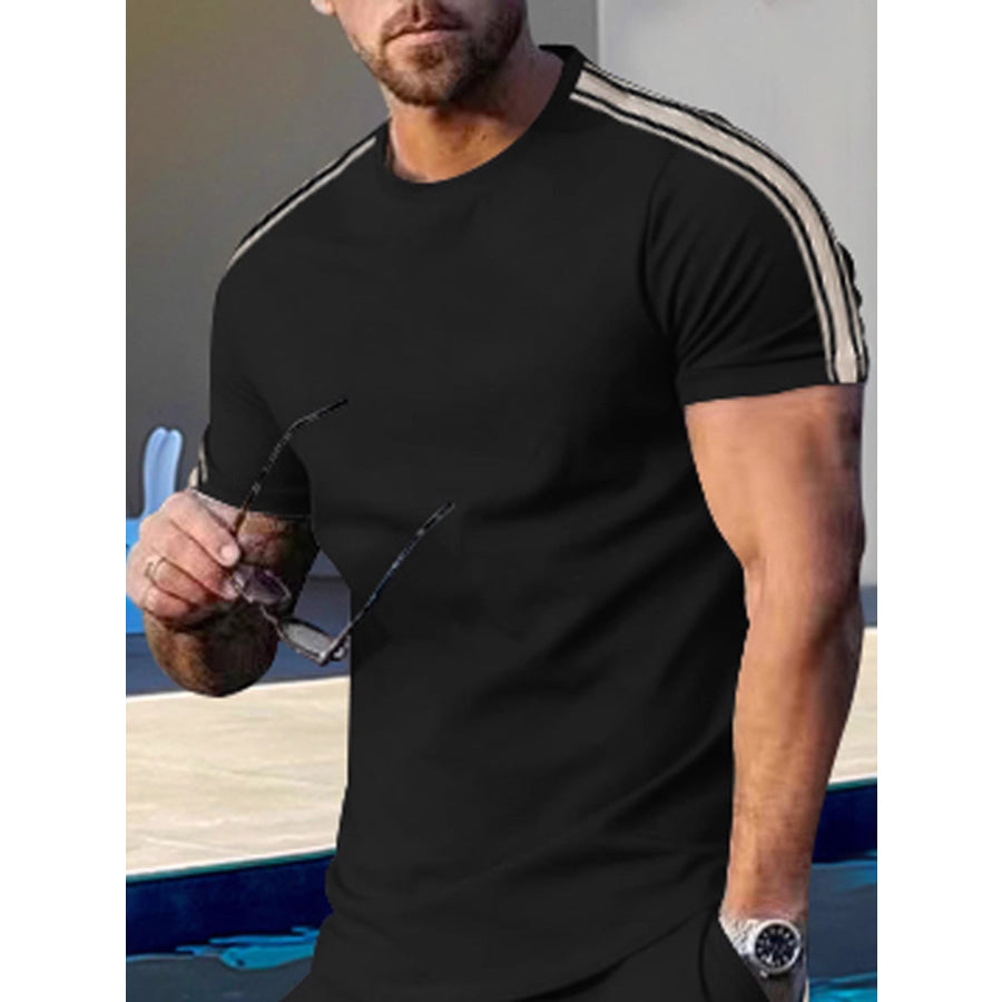 Men’s Full Size Striped Shoulder Casual T-Shirt Plus Size Black / S Apparel and Accessories