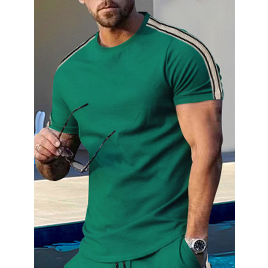 Men’s Full Size Striped Shoulder Casual T-Shirt Plus Size Dark Green / S Apparel and Accessories