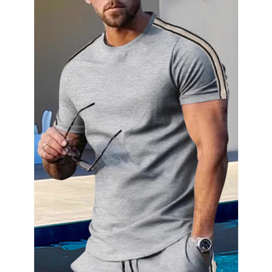 Men’s Full Size Striped Shoulder Casual T-Shirt Plus Size Light Gray / S Apparel and Accessories