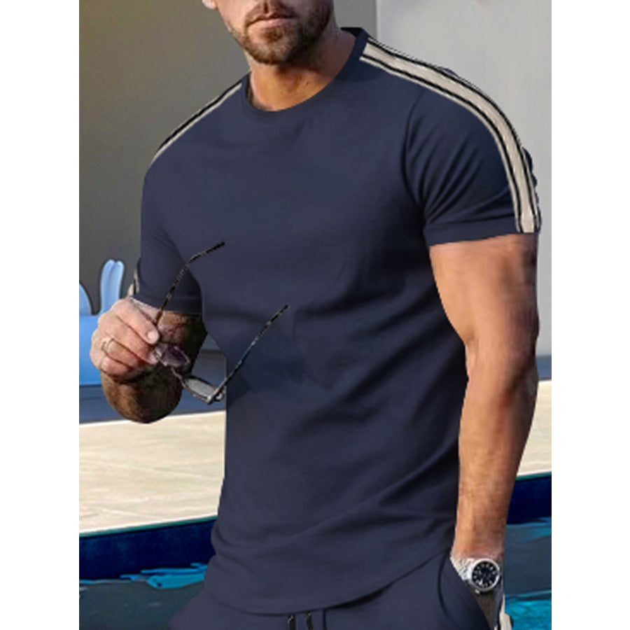 Men’s Full Size Striped Shoulder Casual T-Shirt Plus Size Navy Blue / S Apparel and Accessories