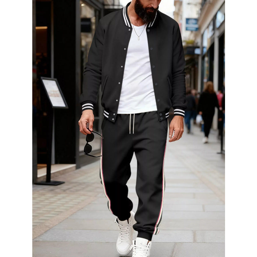 Men’s Full Size Striped Snap Down Top and Pants Set Plus Size Apparel and Accessories