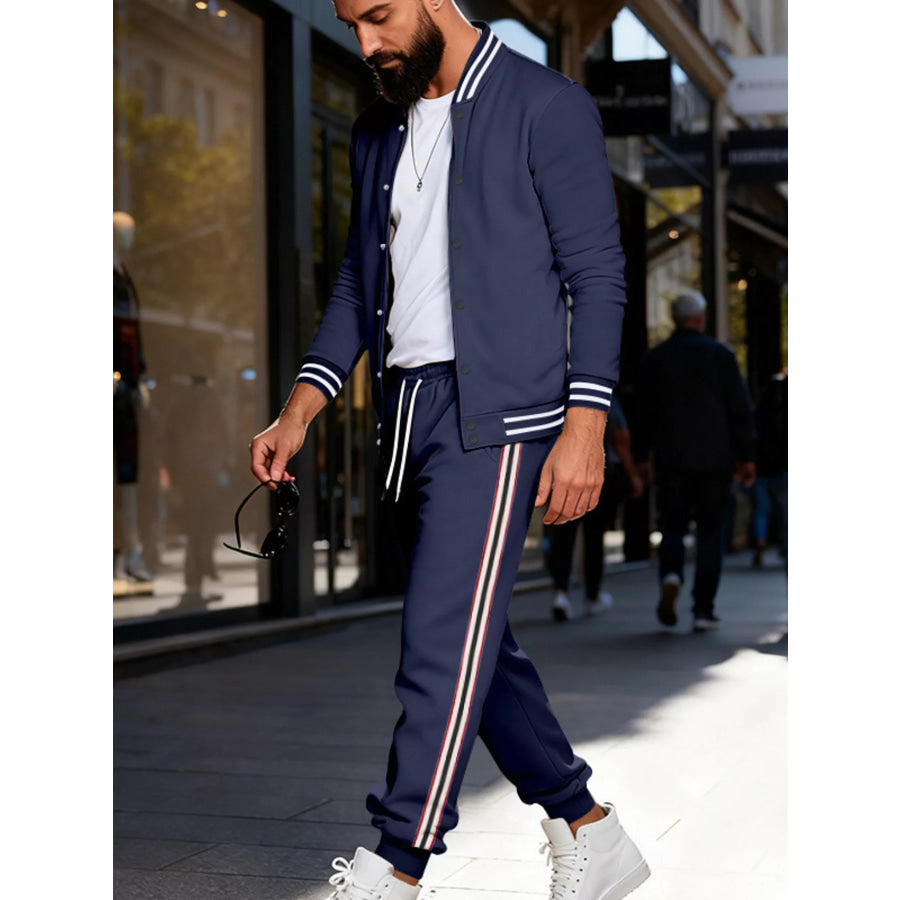 Men’s Full Size Striped Snap Down Top and Pants Set Plus Size Apparel and Accessories