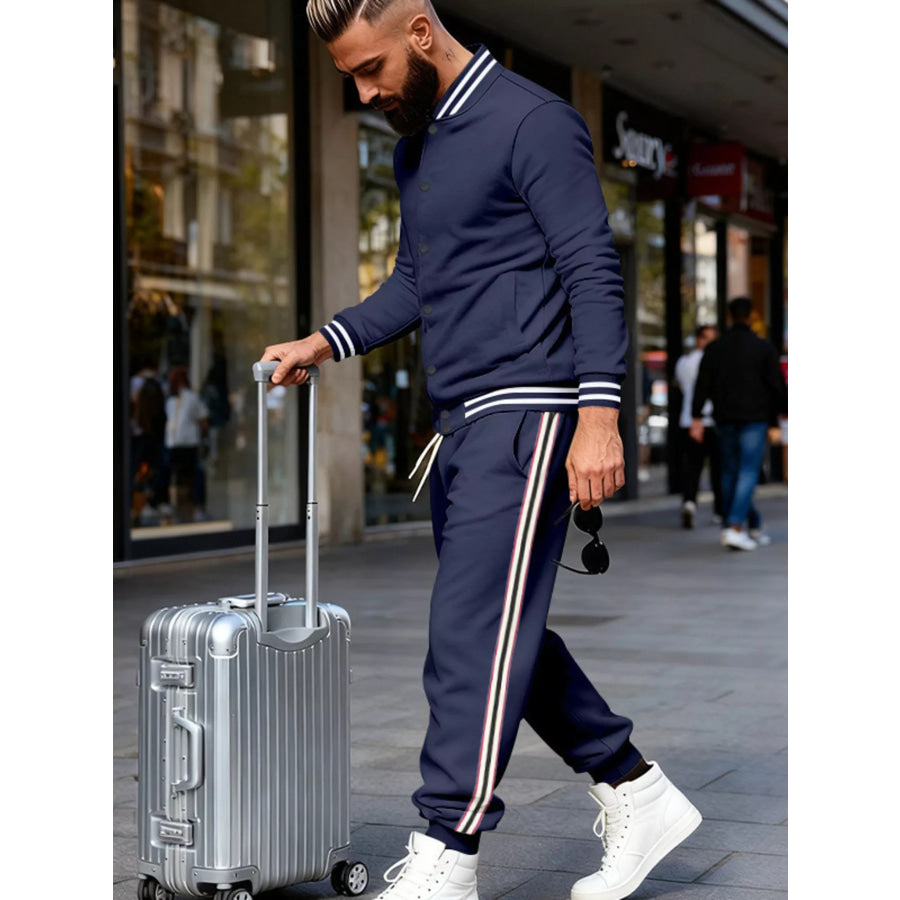 Men’s Full Size Striped Snap Down Top and Pants Set Plus Size Apparel and Accessories