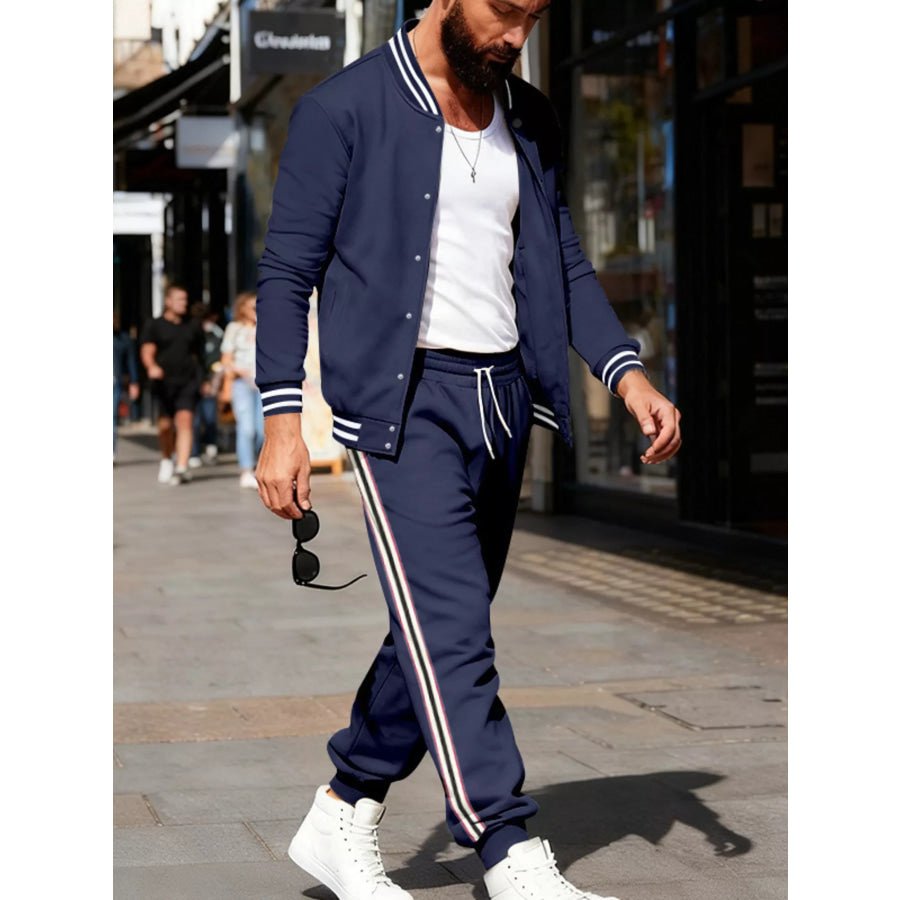 Men’s Full Size Striped Snap Down Top and Pants Set Plus Size Apparel and Accessories