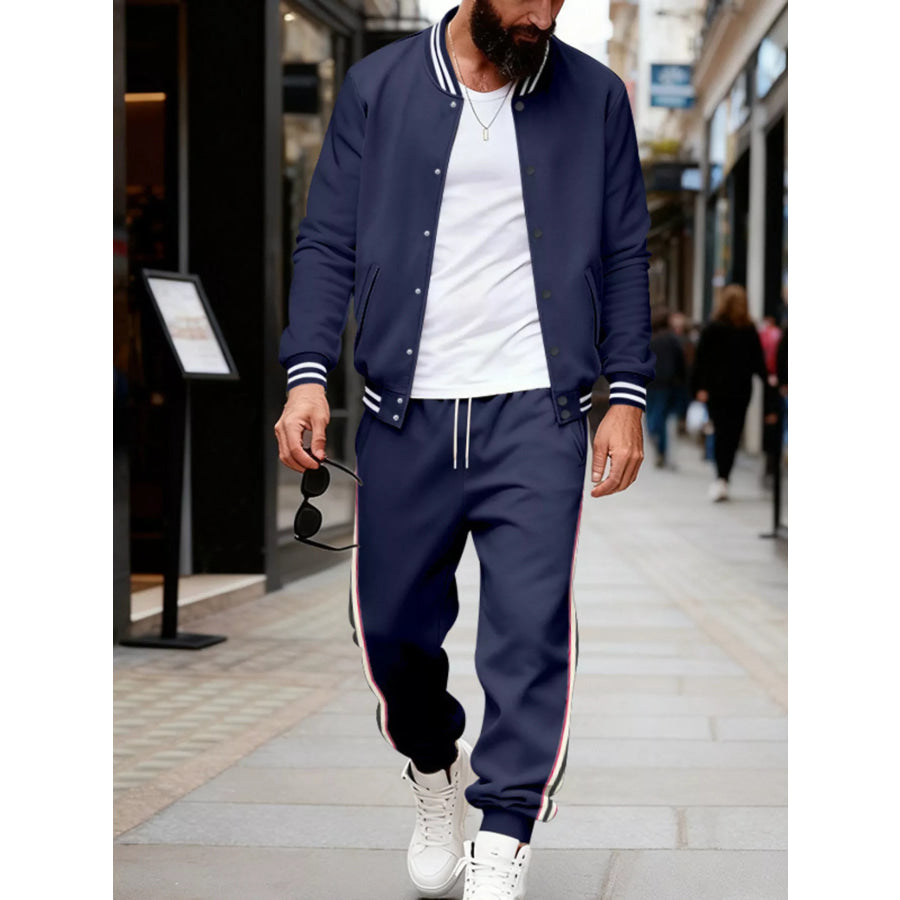 Men’s Full Size Striped Snap Down Top and Pants Set Plus Size Navy Blue / S Apparel and Accessories