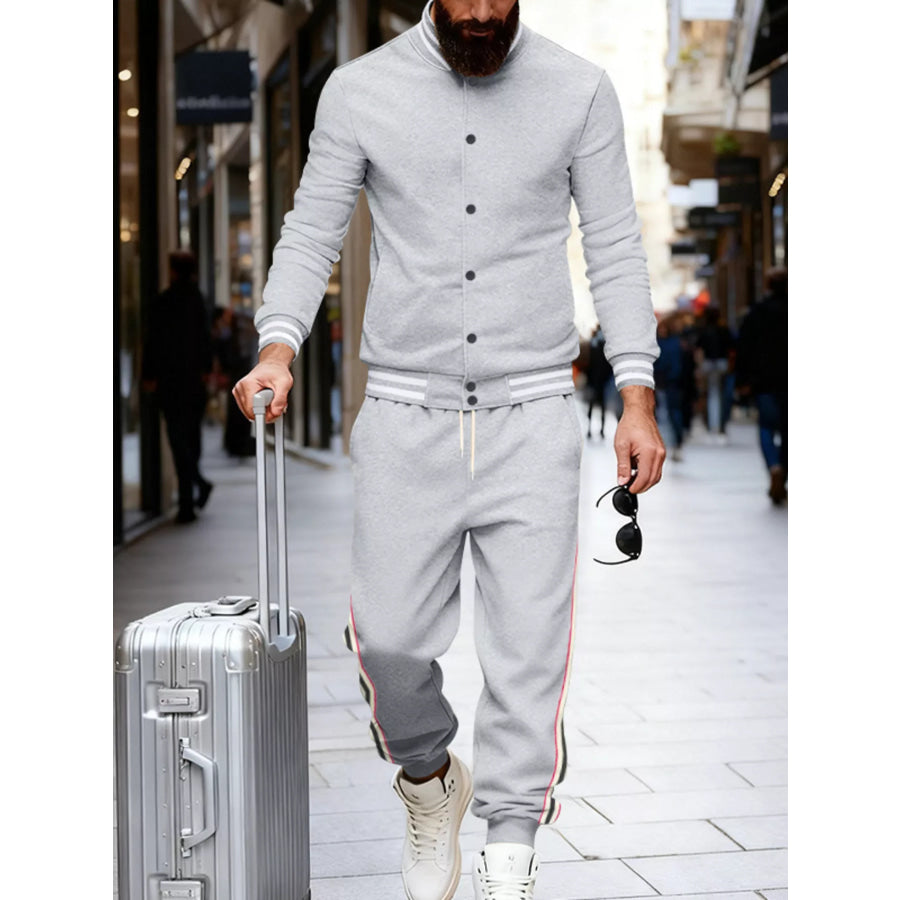 Men’s Full Size Striped Snap Down Top and Pants Set Plus Size Light Gray / S Apparel and Accessories