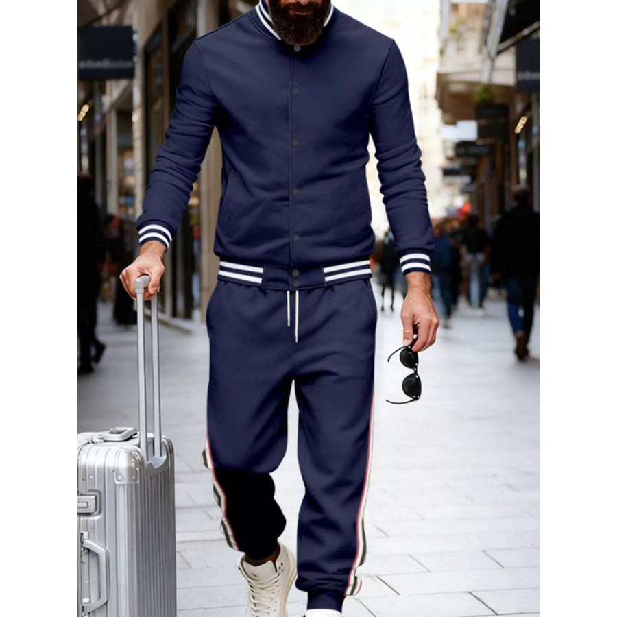 Men’s Full Size Striped Snap Down Top and Pants Set Plus Size Navy Blue / S Apparel and Accessories