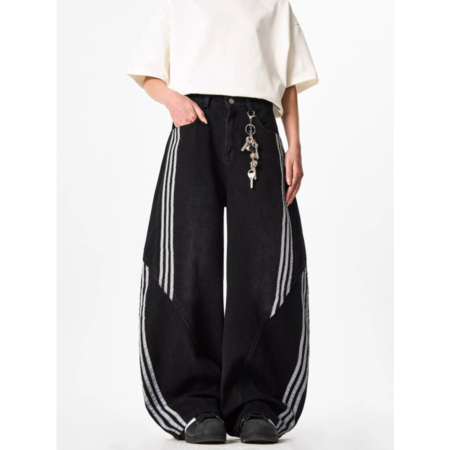 Men’s Full Size Striped Wide Leg Jeans Plus Size Black / S Apparel and Accessories