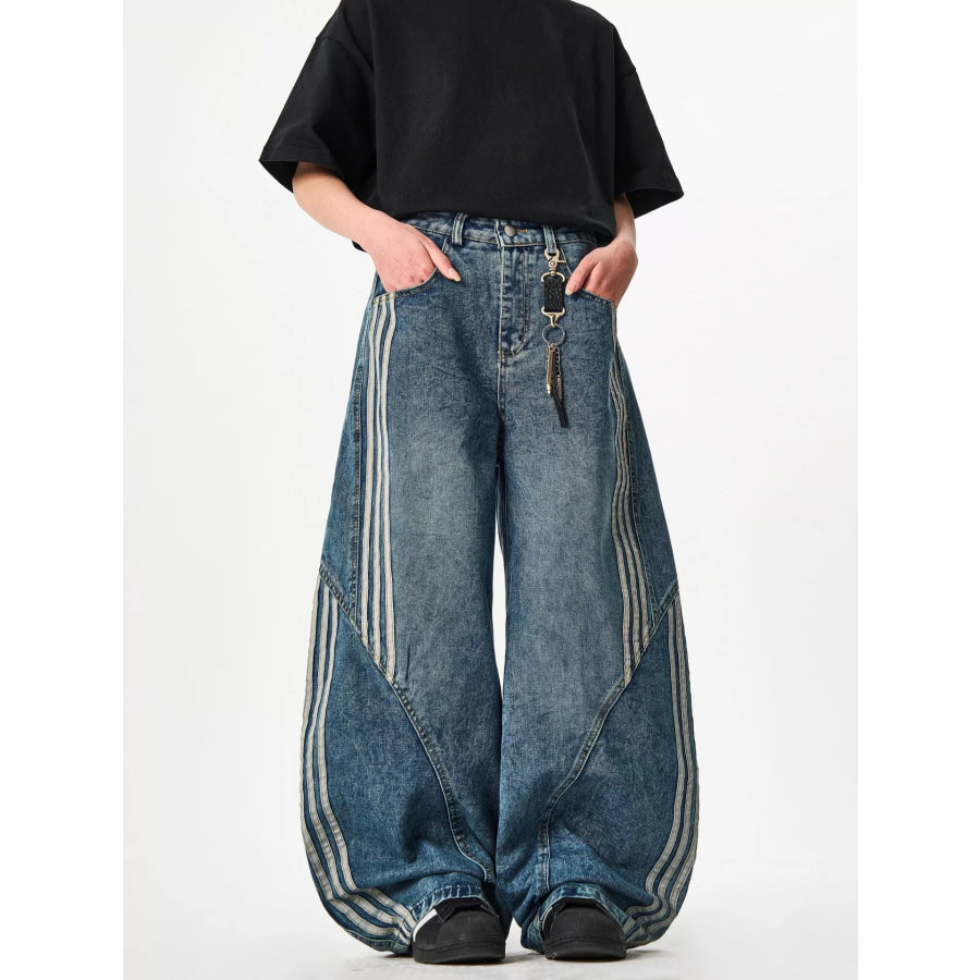 Men’s Full Size Striped Wide Leg Jeans Plus Size Blue / S Apparel and Accessories
