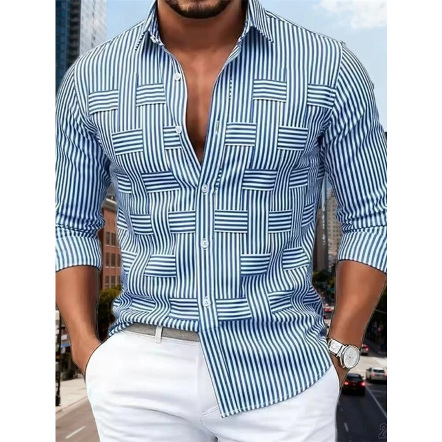 Men’s Full Size Striped Woven-Effect Casual Shirt Plus Cerulean / S Apparel and Accessories