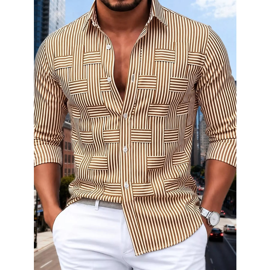 Men’s Full Size Striped Woven-Effect Casual Shirt Plus Tan / S Apparel and Accessories