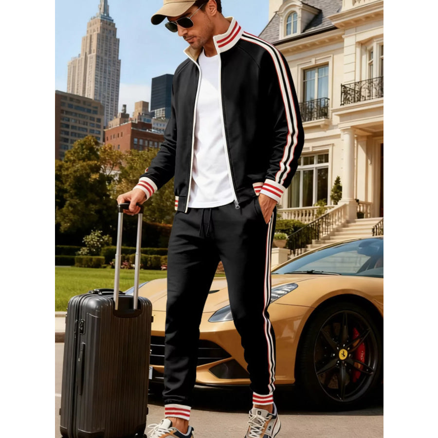 Men’s Full Size Striped Zip Up Outerwear and Pants Plus Size Apparel and Accessories