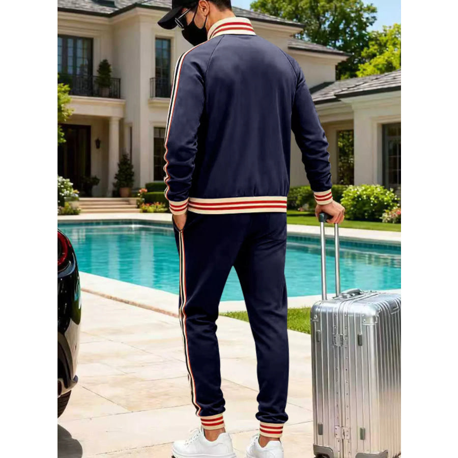 Men’s Full Size Striped Zip Up Outerwear and Pants Plus Size Apparel and Accessories
