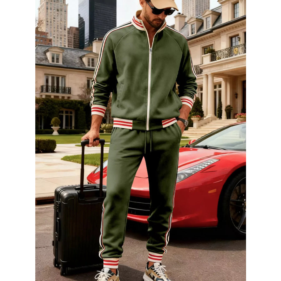 Men’s Full Size Striped Zip Up Outerwear and Pants Plus Size Army Green / S Apparel and Accessories