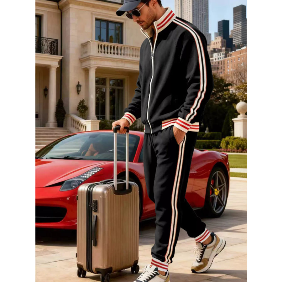 Men’s Full Size Striped Zip Up Outerwear and Pants Plus Size Black / S Apparel and Accessories
