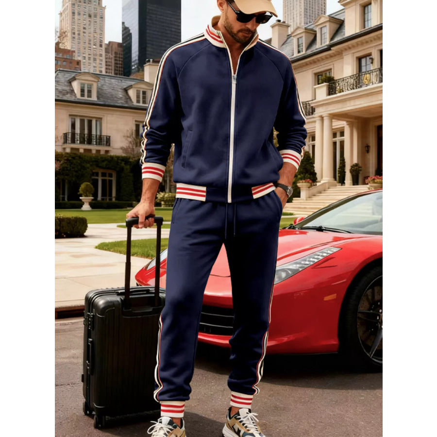 Men’s Full Size Striped Zip Up Outerwear and Pants Plus Size Navy Blue / S Apparel and Accessories