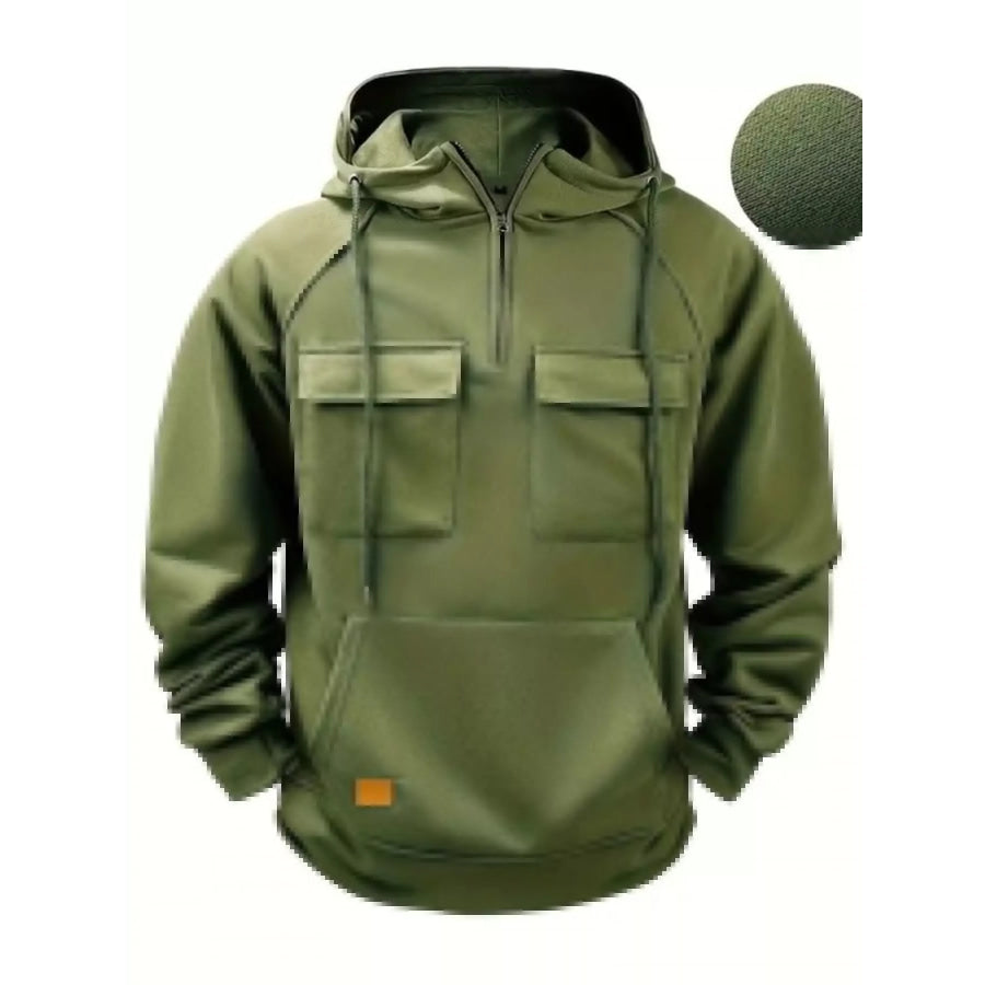 Men’s Full Size Tactical Half-Zip Hoodie with Utility Pockets Plus Army Green / S Apparel and Accessories
