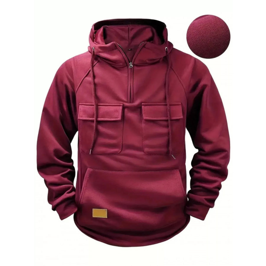 Men’s Full Size Tactical Half-Zip Hoodie with Utility Pockets Plus Burgundy / S Apparel and Accessories