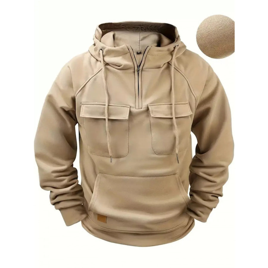 Men’s Full Size Tactical Half-Zip Hoodie with Utility Pockets Plus Khaki / S Apparel and Accessories