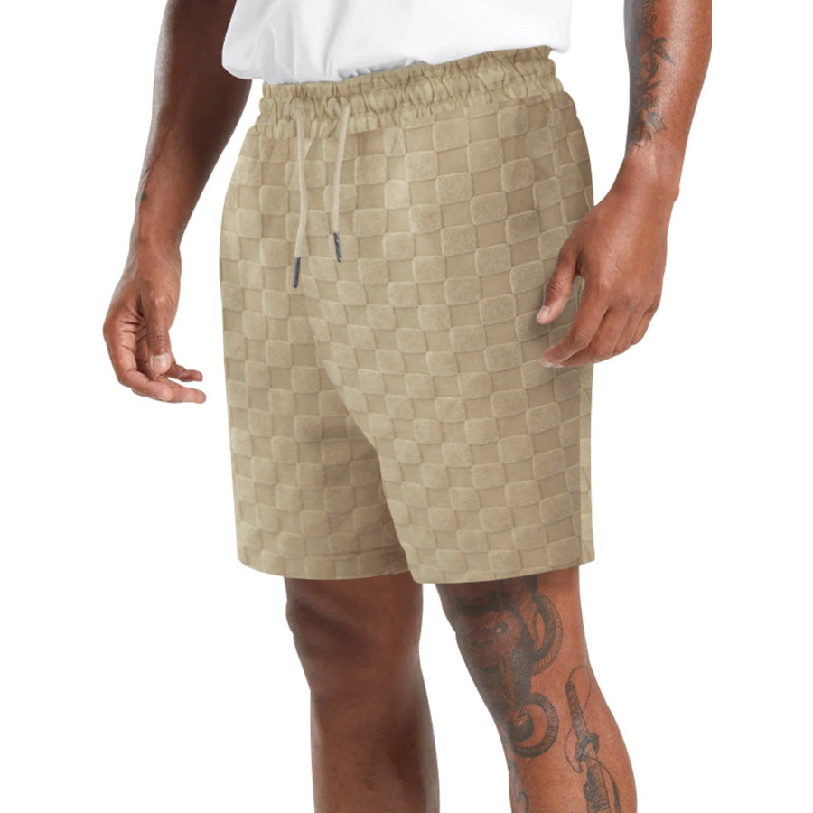 Men’s Full Size Textured Checkered Casual Shorts Plus Size Khaki / S Apparel and Accessories