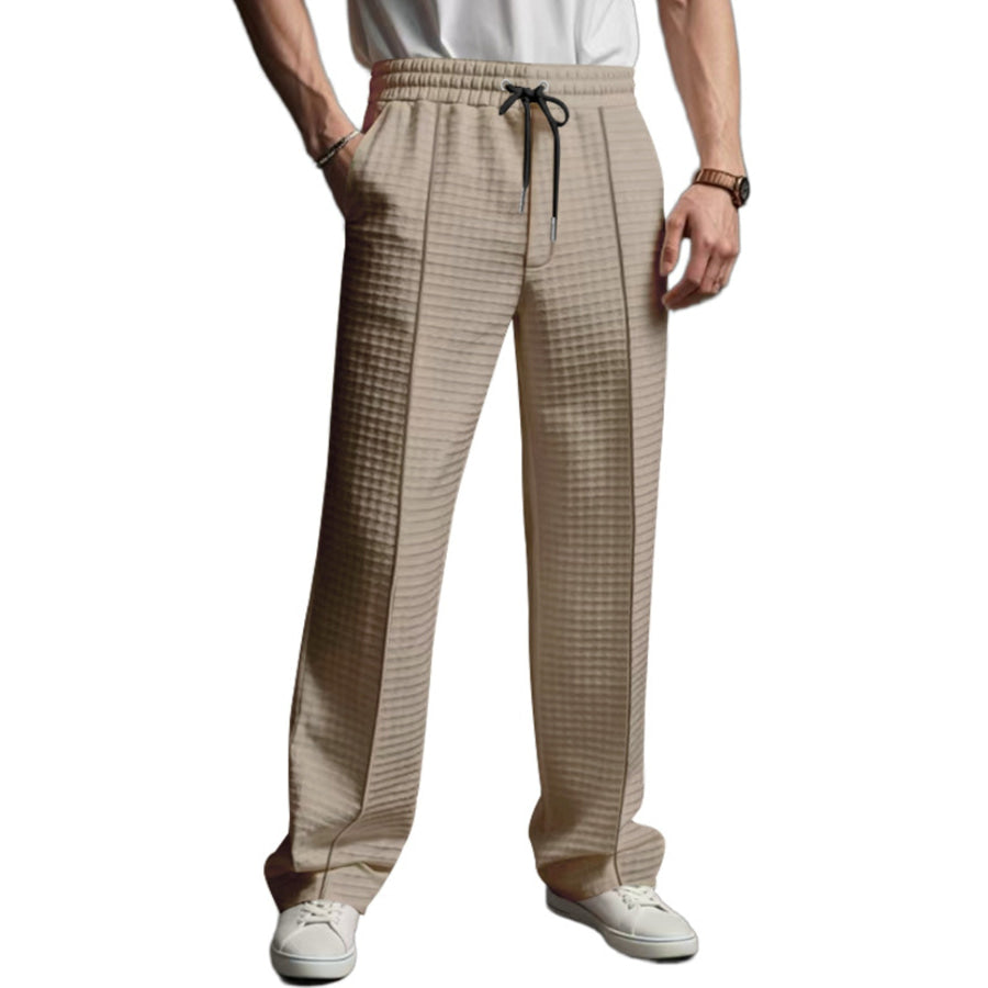 Men’s Full Size Textured Drawstring Casual Pants Plus Size Khaki / S Apparel and Accessories