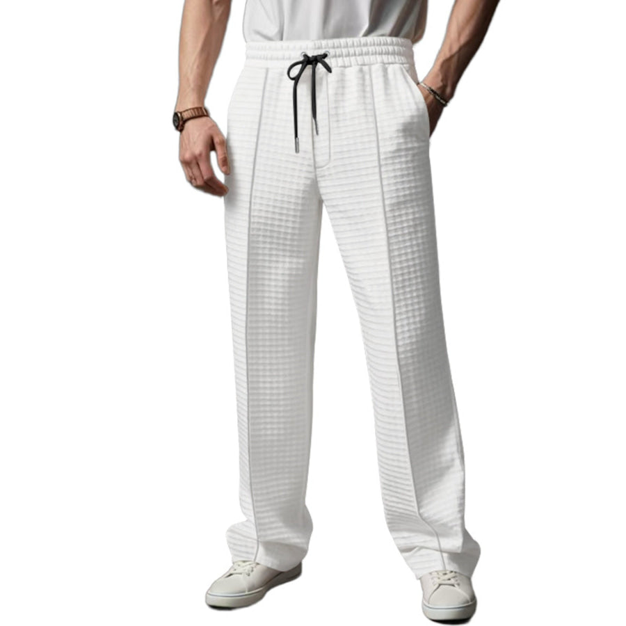 Men’s Full Size Textured Drawstring Casual Pants Plus Size White / S Apparel and Accessories