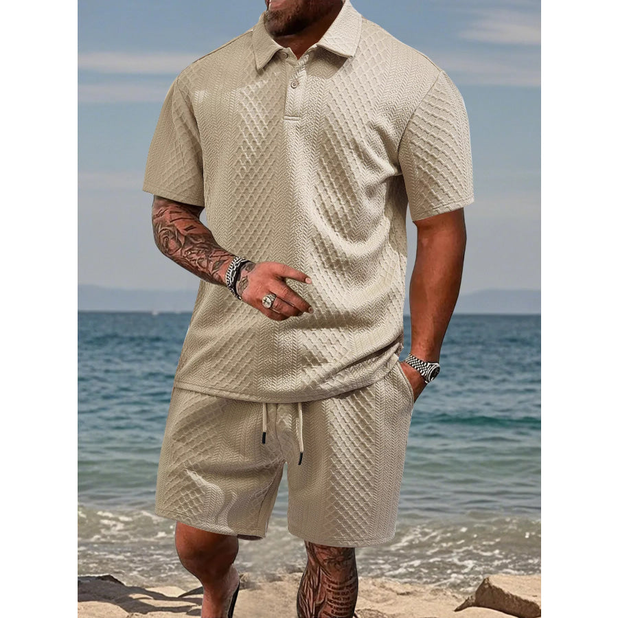 Men’s Full Size Textured Knit Polo Shirt & Shorts Set Plus Size Khaki / S Apparel and Accessories