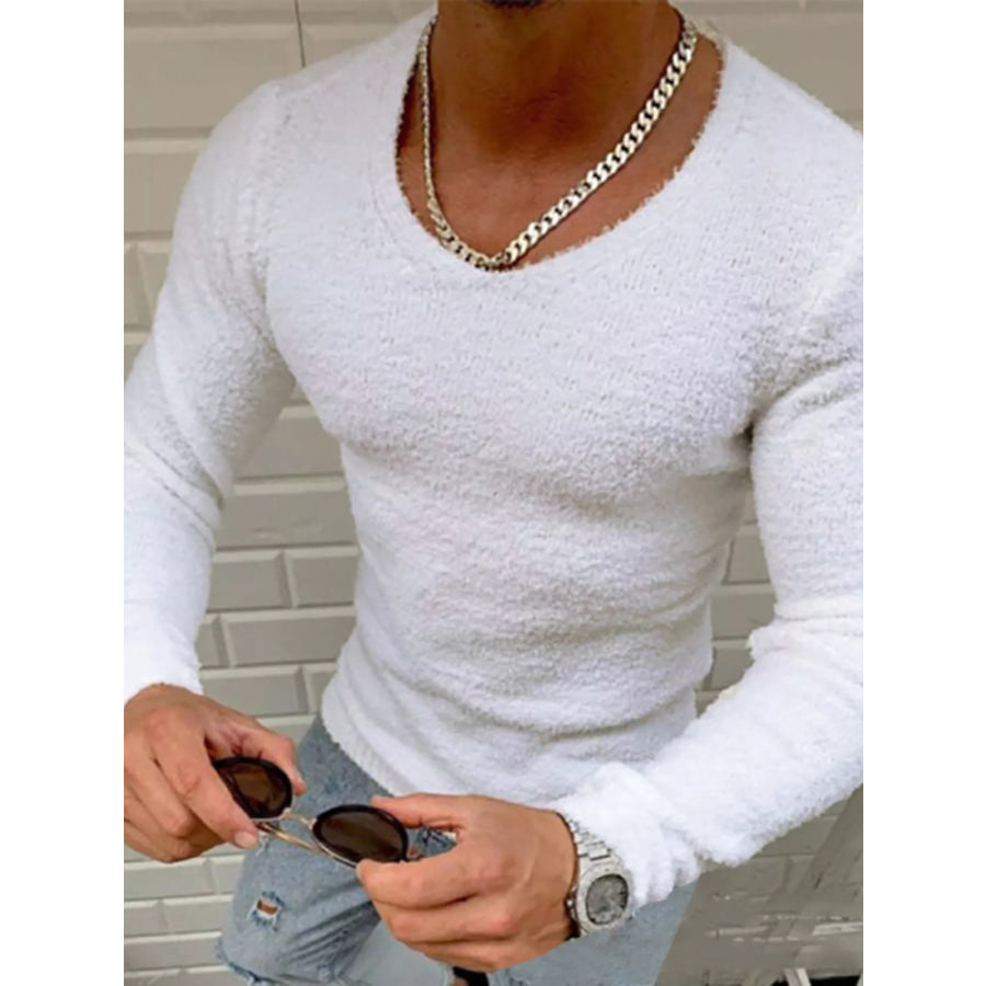 Men’s Full Size Textured Long Sleeve Sweater Plus Size White / S Apparel and Accessories