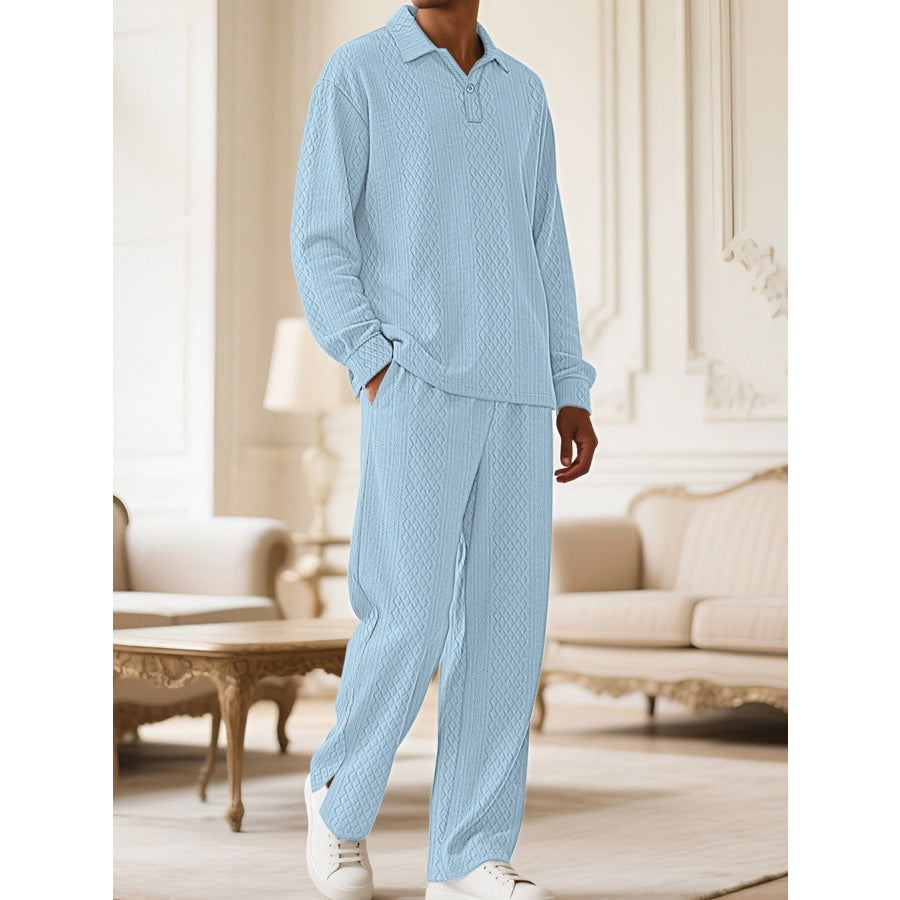 Men’s Full Size Textured Long Sleeve Top and Pants Set Plus Size Apparel and Accessories