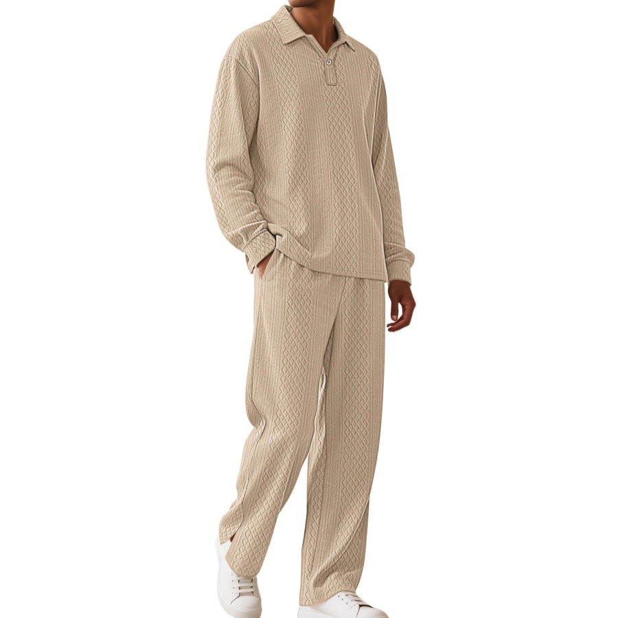 Men’s Full Size Textured Long Sleeve Top and Pants Set Plus Size Khaki / S Apparel and Accessories