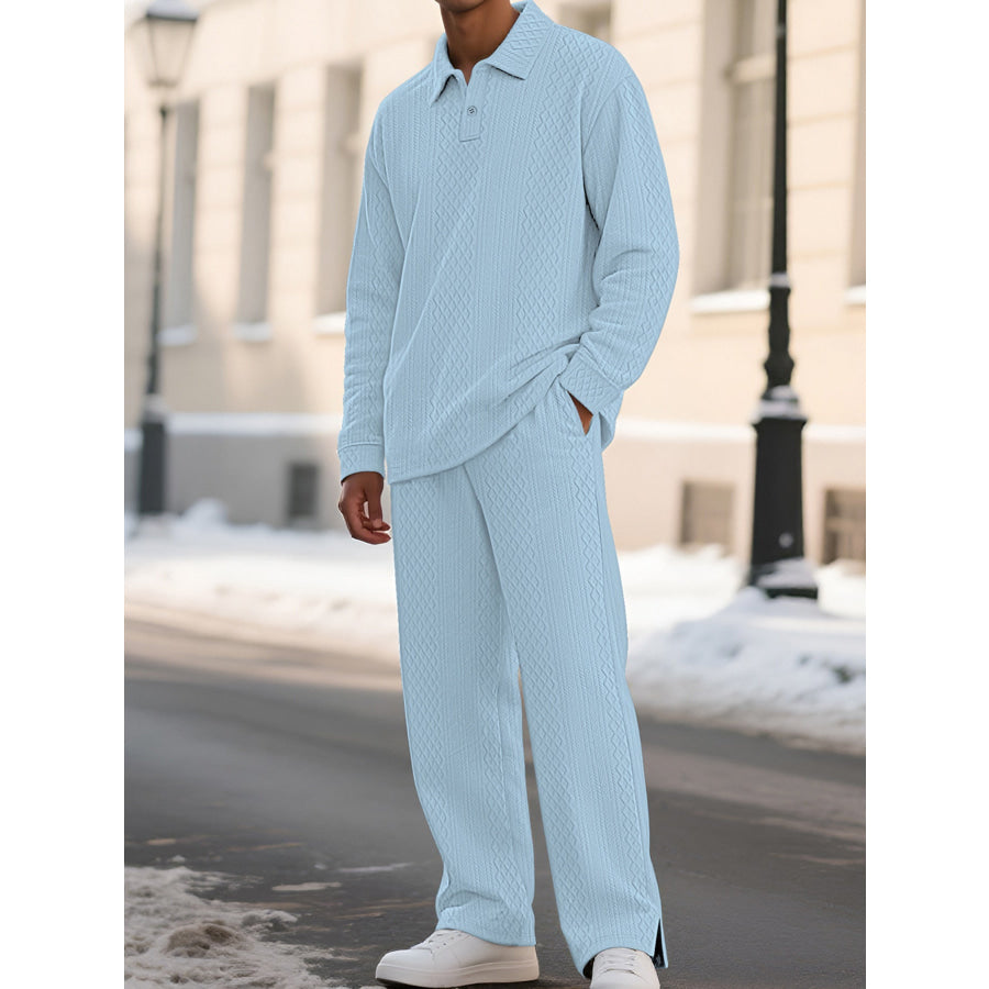 Men’s Full Size Textured Long Sleeve Top and Pants Set Plus Size Light Blue / S Apparel and Accessories