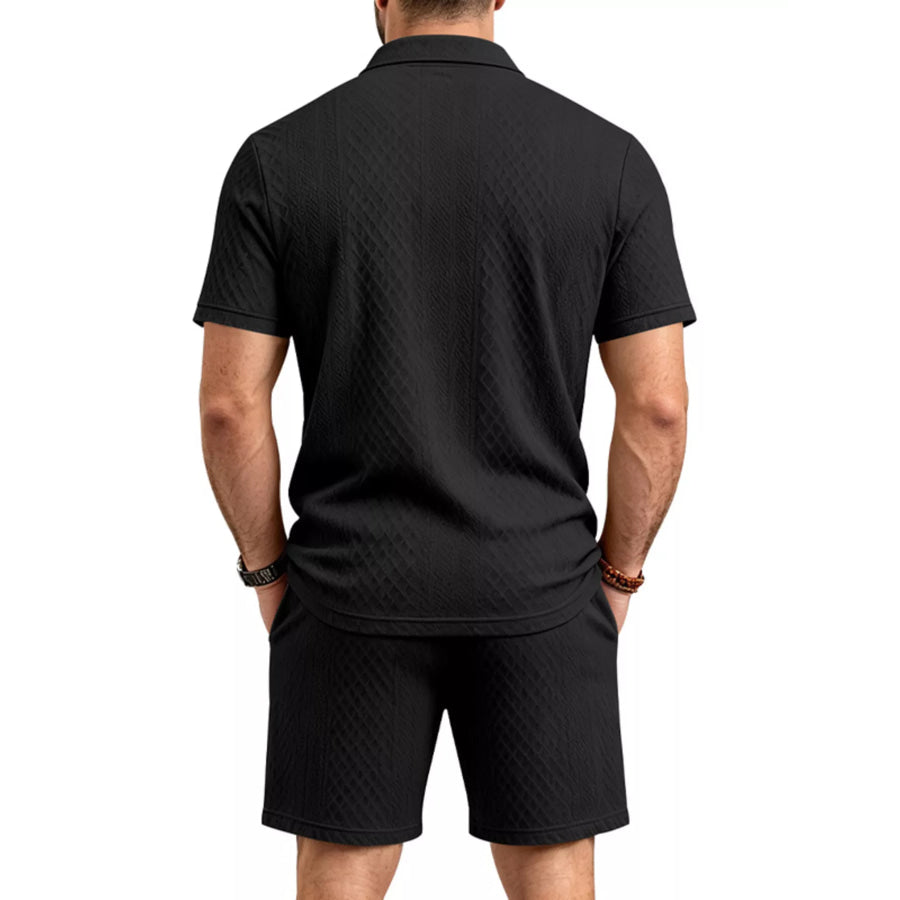 Men’s Full Size Textured Short Sleeve Polo and Shorts Set Plus Size Apparel and Accessories