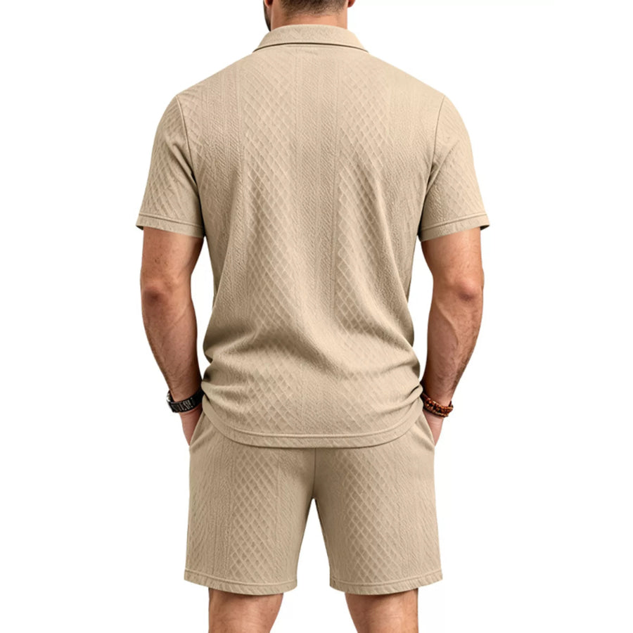 Men’s Full Size Textured Short Sleeve Polo and Shorts Set Plus Size Apparel and Accessories