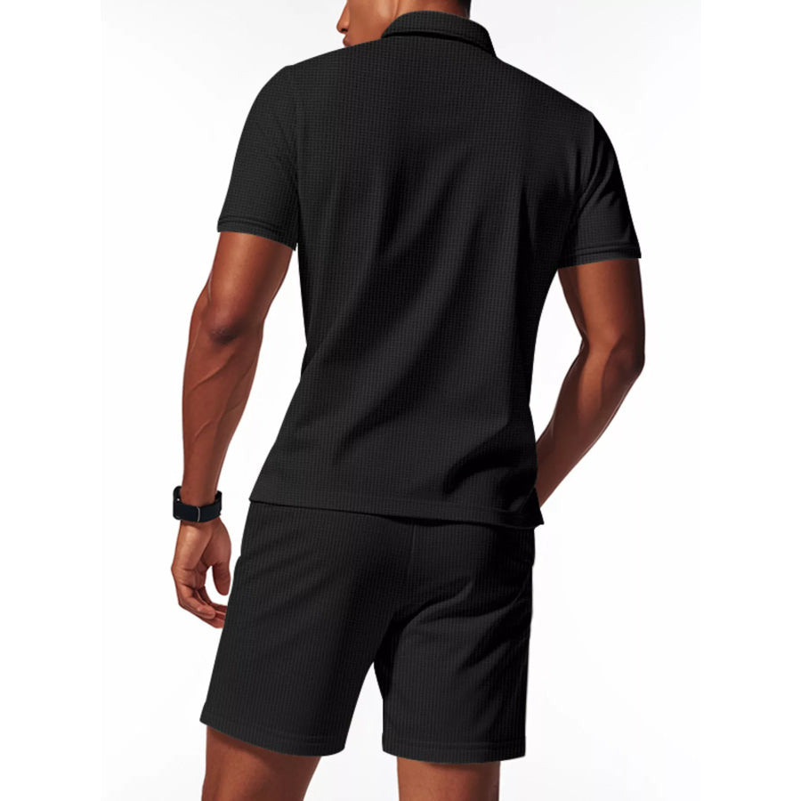 Men’s Full Size Textured Short Sleeve Polo and Shorts Set Plus Size Apparel and Accessories