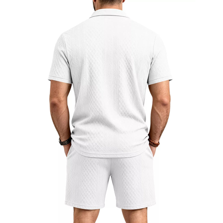 Men’s Full Size Textured Short Sleeve Polo and Shorts Set Plus Size Apparel and Accessories