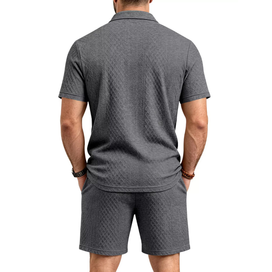 Men’s Full Size Textured Short Sleeve Polo and Shorts Set Plus Size Apparel and Accessories