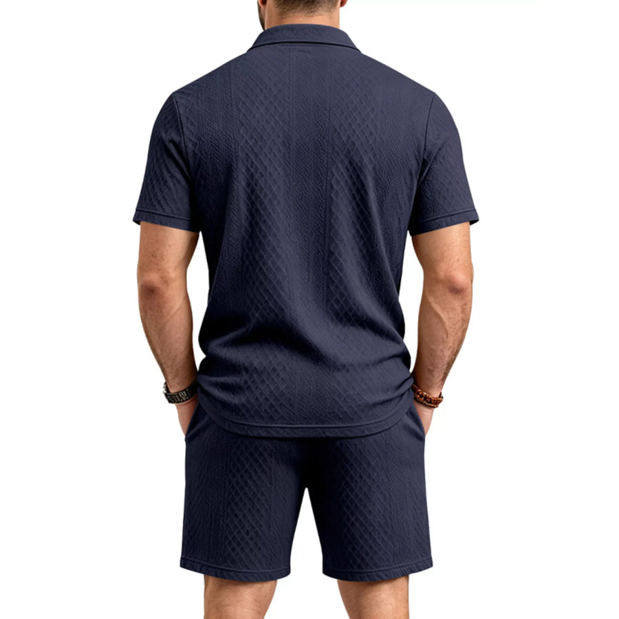 Men’s Full Size Textured Short Sleeve Polo and Shorts Set Plus Size Apparel and Accessories