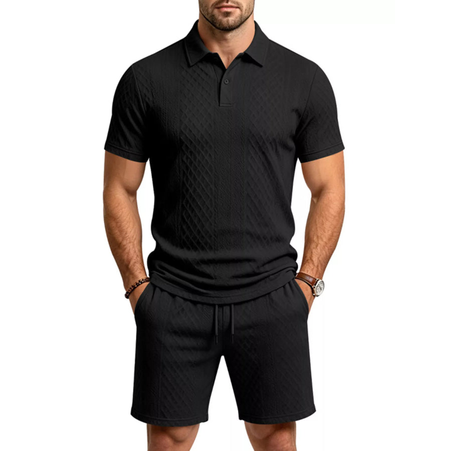 Men’s Full Size Textured Short Sleeve Polo and Shorts Set Plus Size Black / S Apparel and Accessories