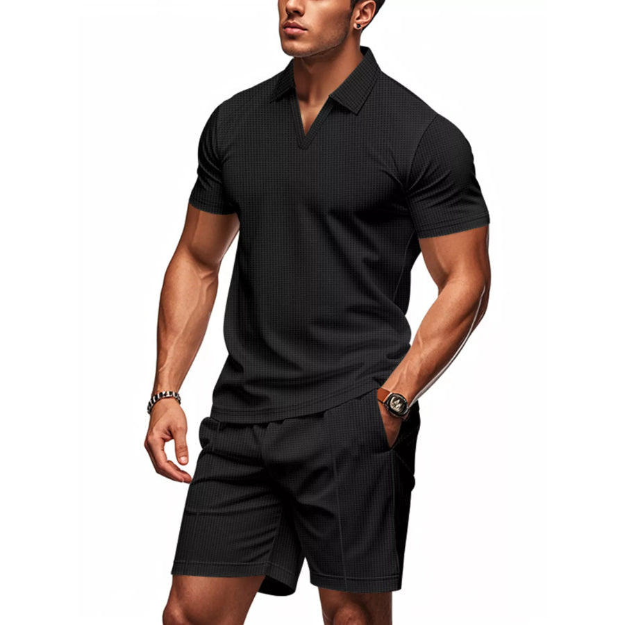 Men’s Full Size Textured Short Sleeve Polo and Shorts Set Plus Size Black / S Apparel and Accessories