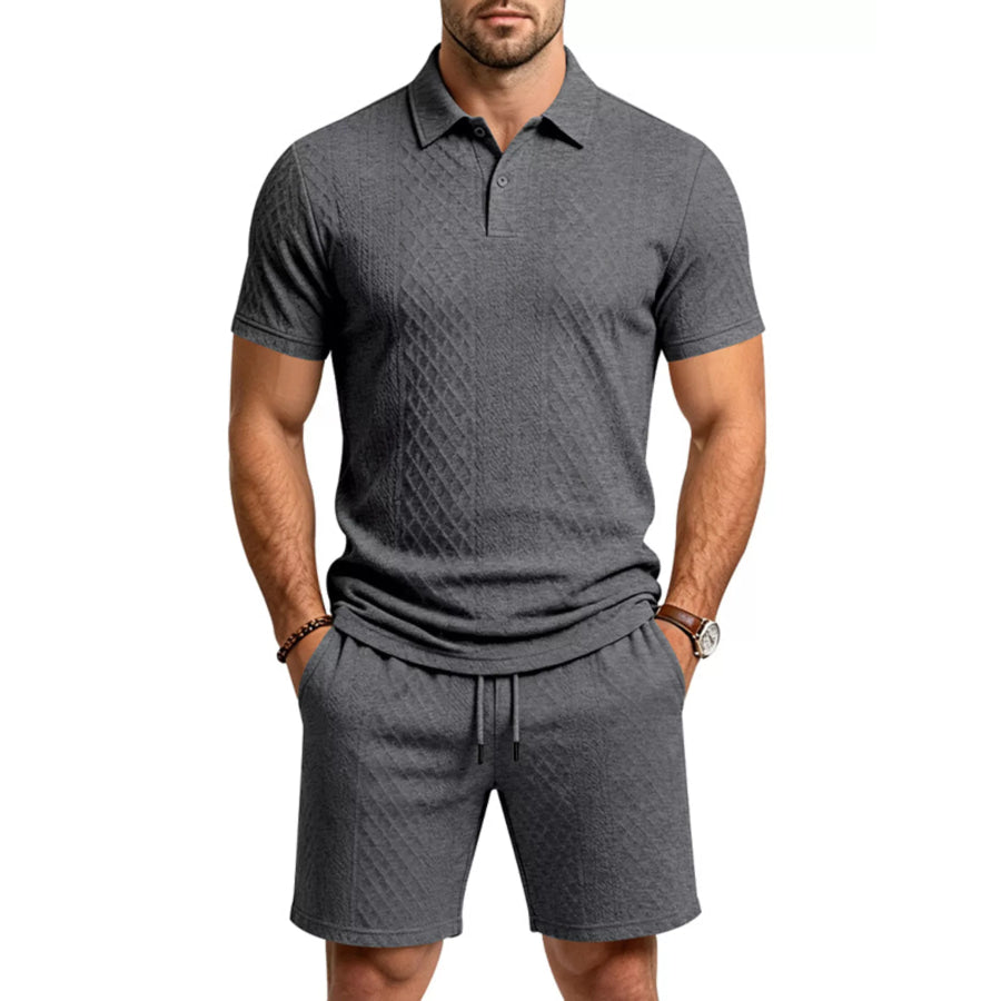 Men’s Full Size Textured Short Sleeve Polo and Shorts Set Plus Size Dark Gray / S Apparel and Accessories