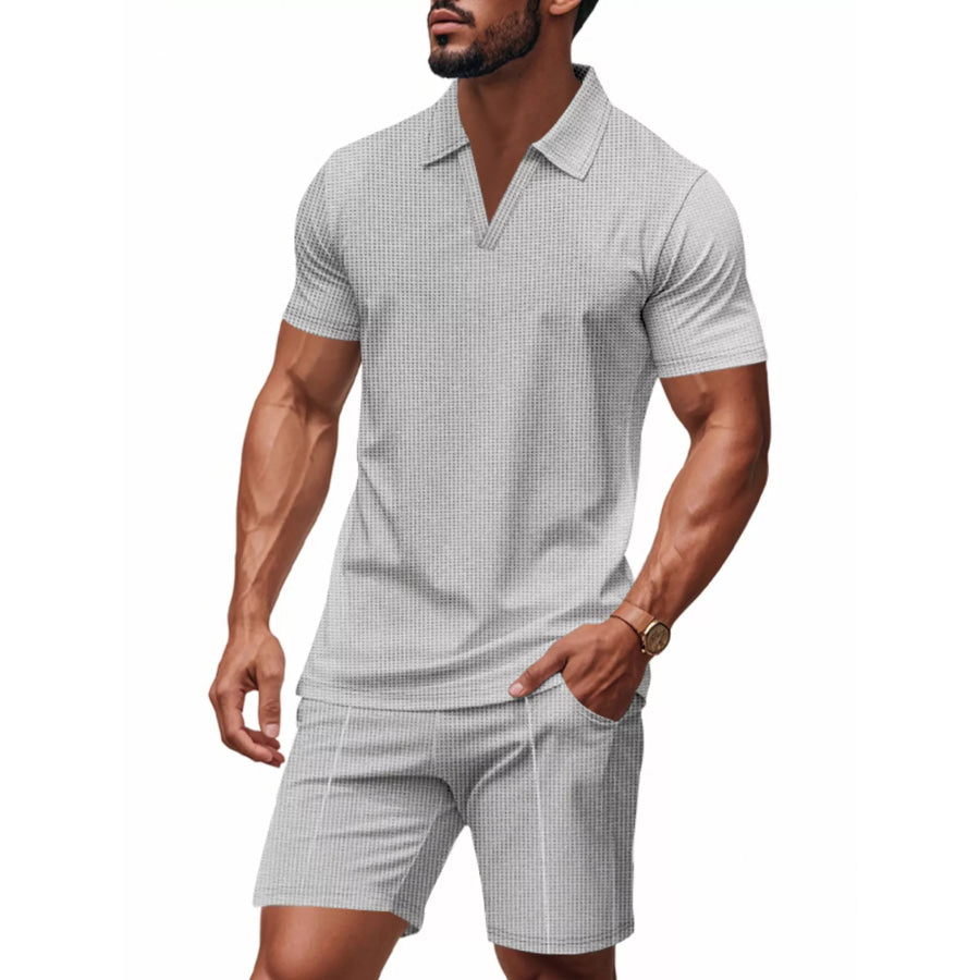 Men’s Full Size Textured Short Sleeve Polo and Shorts Set Plus Size Grey / S Apparel and Accessories